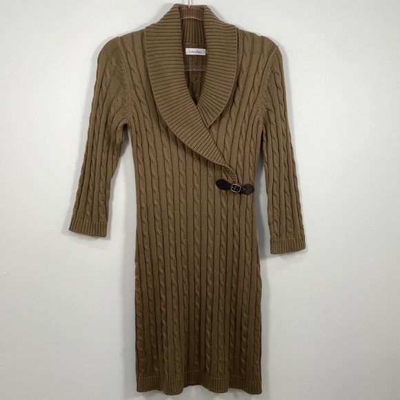 Calvin Klein Cableknit Shawl Collar  Sweater Dress Women's Medium Neutral Tan - Picture 3 of 12